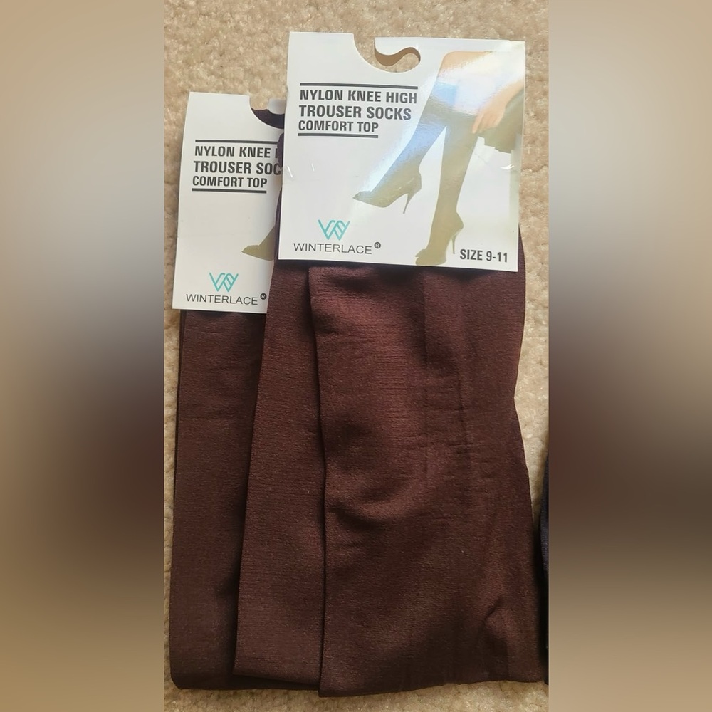9 pair Women's Nylon Knee High Trouser Socks - Black, Brown & charcoal Gray - Picture 4 of 5
